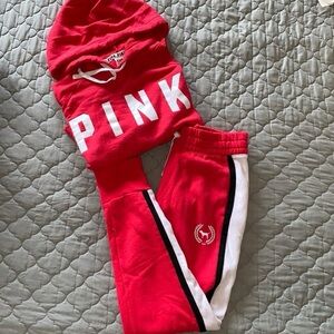 PINK Victoria's Secret Red and White Joggers with Matching Pullover Crop Hoodie